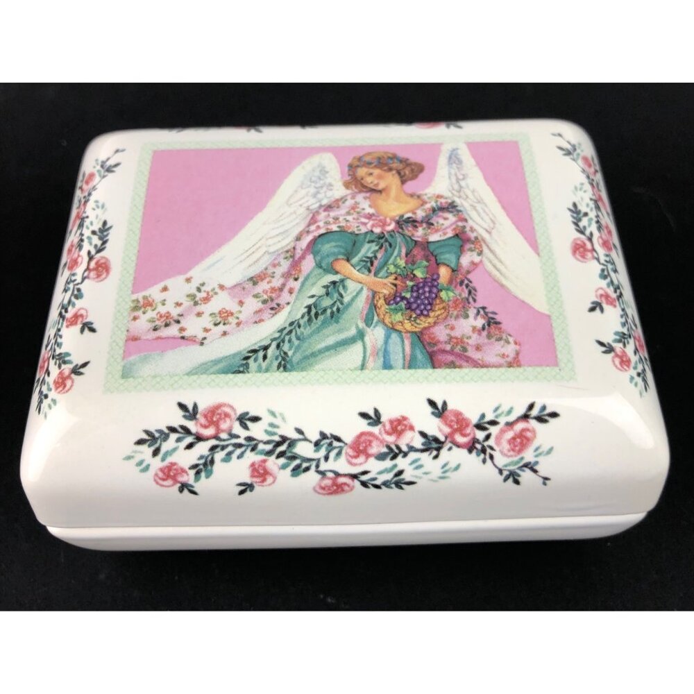 Vintage Angel/Floral Themed Lidded Ceramic Trinket Ring Jewelry Box Container
